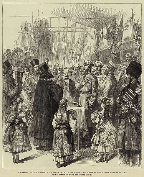 Roumanian Priests blessing with Bread and Wine the Emperor of Russia at the Ploesti Railway Station (engraving)