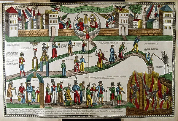 The three routes to eternity. 19th century French allegorical woodcut