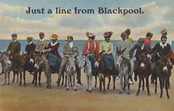 Row of people on donkeys at Blackpool beach (coloured photo)