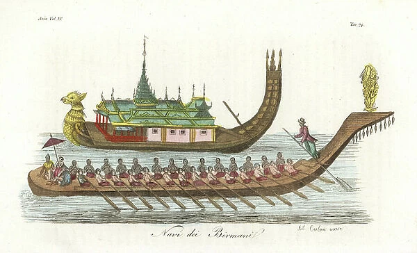 Royal golden boat or imperial yacht for ceremonial occasions (Shoepaundogee), and a Burmese war-boat. From Michael Symes Account of an Embassy to the Kingdom of Ava