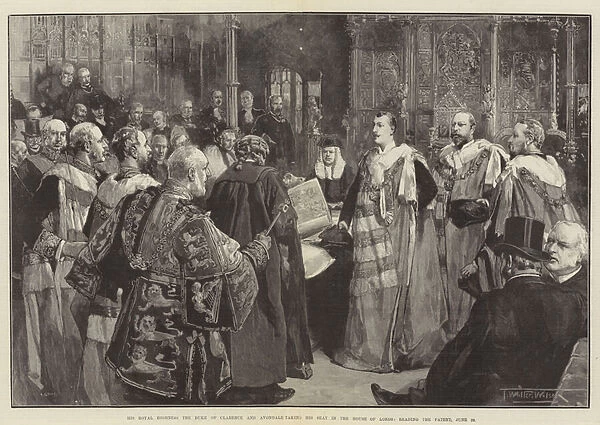 His Royal Highness the Duke of Clarence and Avondale taking his Seat in the House of Lords, reading the Patent, 23 June (engraving)