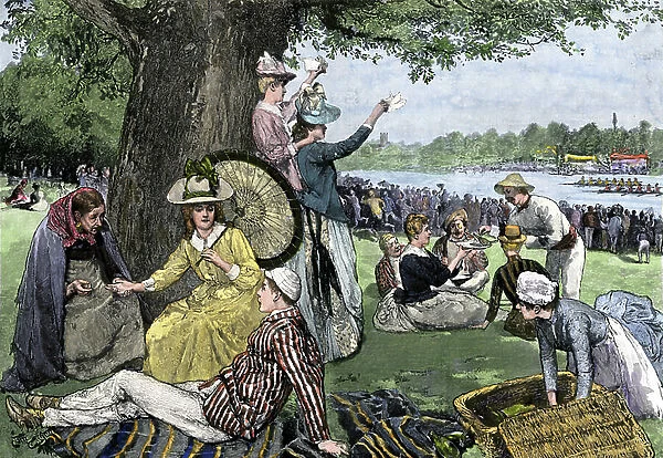 Royal Regate of Henley (or Henley on Thames, England), circa 1880. Spectators take a picnic on the bank in summer. Illustration 19th century. Engraving on wood colour