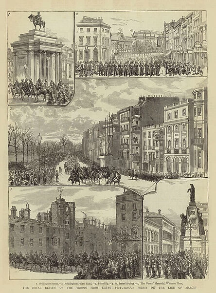 The Royal Review of the Troops from Egypt, Picturesque Points on the Line of March (engraving)
