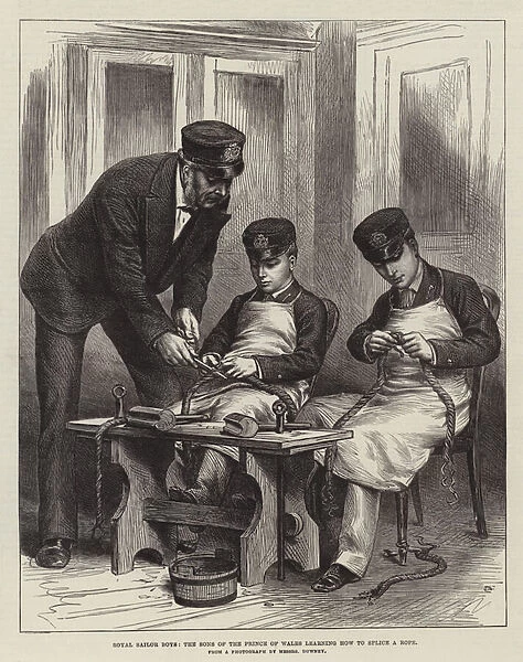 Royal Sailor Boys, the Sons of the Prince of Wales learning how to splice a Rope (engraving)