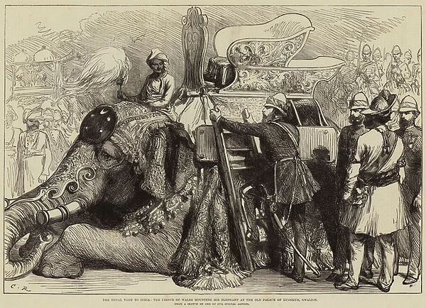 The Royal Visit to India, the Prince of Wales mounting his Elephant at the Old Palace of Lushkur, Gwalior (engraving)