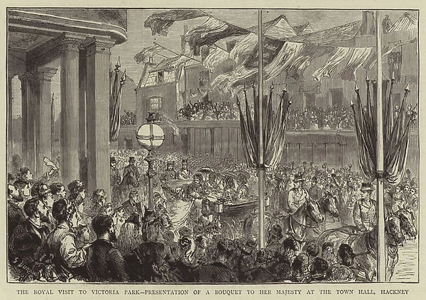 The Royal Visit to Victoria Park, Presentation of a Bouquet to Her Majesty at the Town Hall, Hackney (engraving)