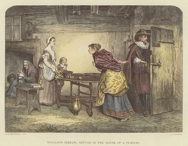 Royalists seeking refuge in the house of a Puritan (coloured engraving)
