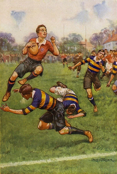 Rugby game, a jump into touch (colour litho)