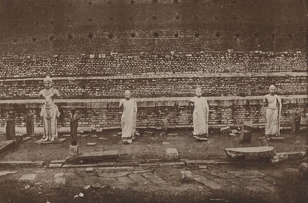 Ruined Cities of Ceylon: Statues of King Dutthagamini and Three Buddhas (b  /  w photo)