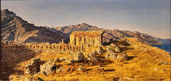 The ruins of the Greek theatre of Taormina, towards the strait of Messin, 1844 (oil on canvas)