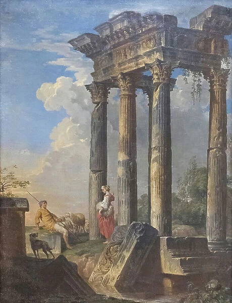 Ruins with shepherds, 18th century, (oil on canvas)