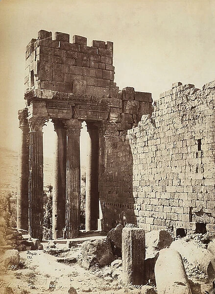 The ruins of the Temple of Jupiter or the Sun, in the archeological zone of Heliopolis or Baalbek, ancient Syrian city, now Lebanon