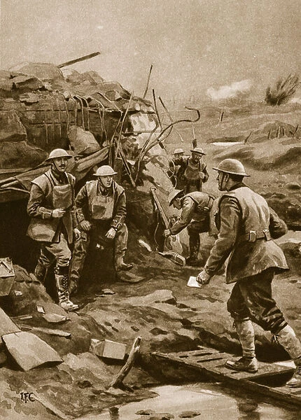 Runner delivering orders to the Front Line, 1914-19 (litho)