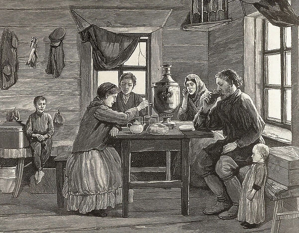 Russia (19th c.). Family breakfast in a house in northern Siberia. Engraving