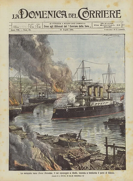 Russian battleship Kniaz Potemkin, whose crew rebels, sets fire and bombs the port of Odessa (colour litho)