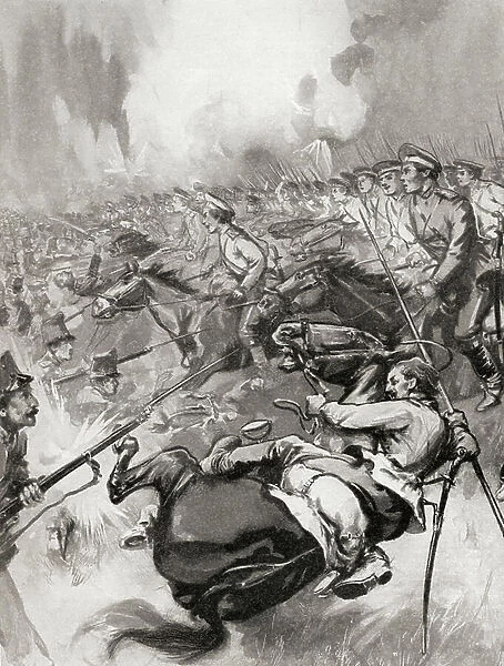 Russian cavalry force the Austrians to flee at the Battle of Lemberg, Galicia in 1914 during WWI (litho)