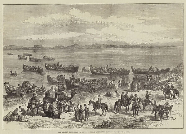 The Russian Expedition to Khiva, General Kaufmanns Division crossing the Oxus (engraving)
