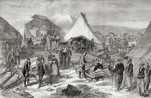 Russian field lazarett near Kars, Turkey, during The Russo-Turkish War of 1877 - 1878. From Russes et Turcs, La Guerre D'Orient, published 1878 (b / w engraving)