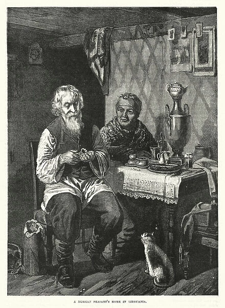 A Russian peasants home in Lithuania (engraving)