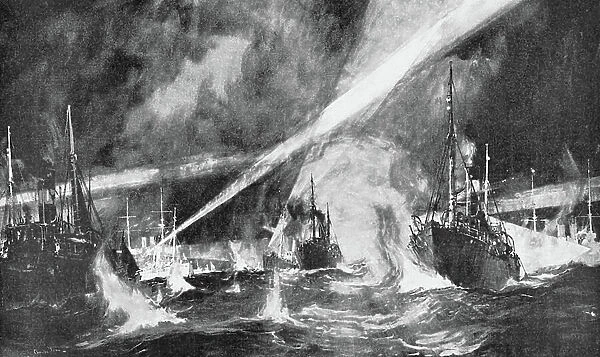 Russo-Japanese War 1904-1905: The Dogger Bank Incident. Russian Baltic squadron firing on the Gamecock fishing fleet off the Dogger Bank
