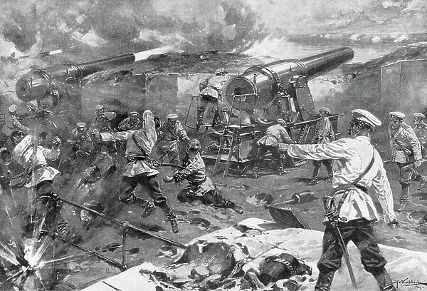Russo-Japanese War 1904-1905: Russian battery in action during the siege of Port Arthur, January 1905