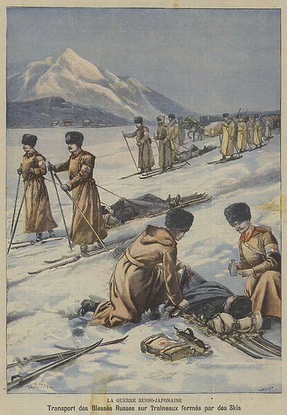 The Russo-Japanese War: transporting wounded Russian soldiers on sledges made from skis (colour litho)
