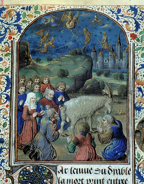 Sabbath scene (black mass) with a goat and witches riding brooms. Minature from the manuscript 'Sermo contra sectam vaudensium' (folio1) written by Jean Tinctor, (d. 1469), 15th century
