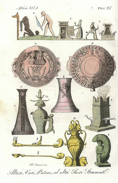 Sacred instruments to Egyptian, Greek and Roman gods including phallic statue to Bacchus, sacrificial altars, vases, ladles, etc. Handcoloured copperplate engraving by Andrea Bernieri from Giulio Ferrario's Costumes Antique