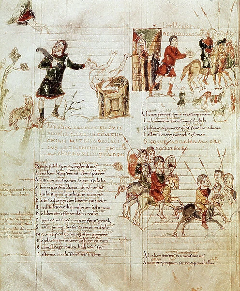 Sacrifice of Abraham, Lot taken captive, Abraham pursuing the army of the four kings, miniature taken from 'Psychomachia (the allegorical epic of the fight of vices and virtues treated like ancient heroes)', (Latin 8085, fol)