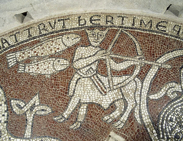 One sagittarius and two fish. Pavement Mosaic, detail. 1124. Prioress of Ganagobie, Ganagobia