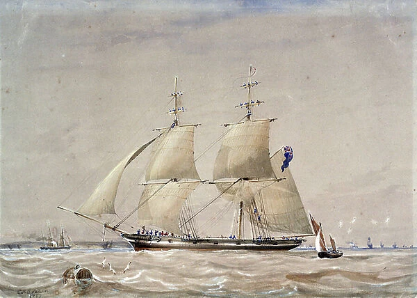The sailboat HMS Rolla, seen at first, at sea. Watercolor enhanced with white, 1857, by C.A. Lodder (?)