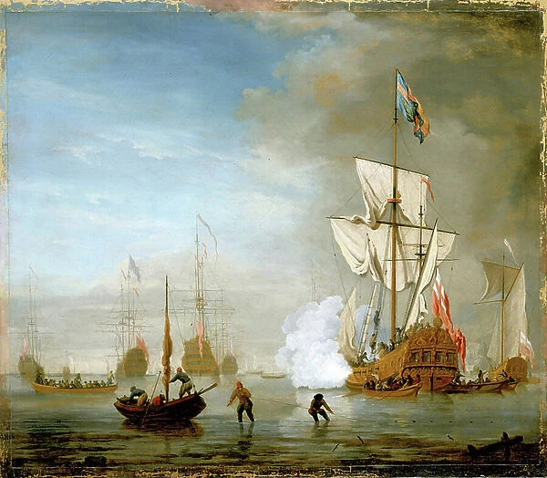 The sailboat has two masts and platform (platform), identified as the Isabella with royal flag