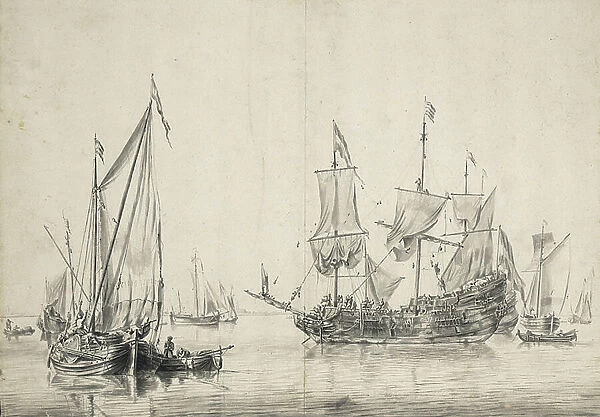 Sailboats and a Dutch frigate drying its sails. Drawing and wash (26x37 cm), by William van de Velde l'Ain (ca. 1611-1693), circa 1665