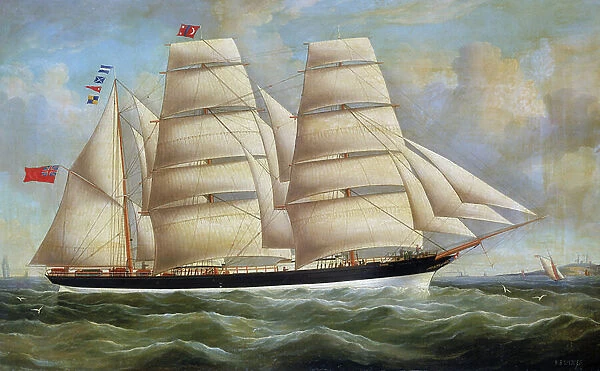 The sailing ship Minero, with full sail, built in 1866 in Glasgow (Scotland). Oil on canvas by Richard B. Spencer (?)