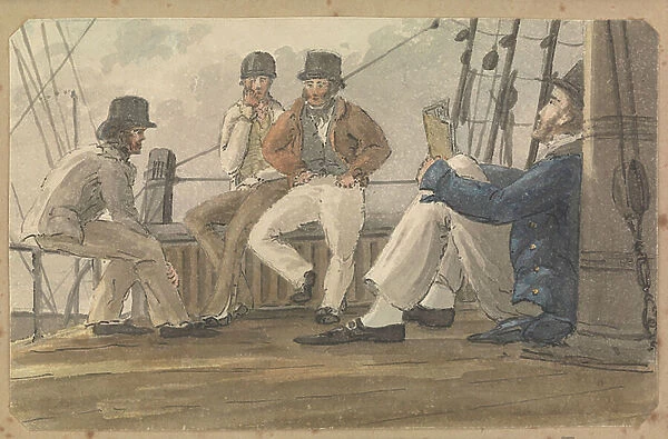 Four sailors relaxing on deck, one reading, 1820 (pen, ink, wash, watercolour)