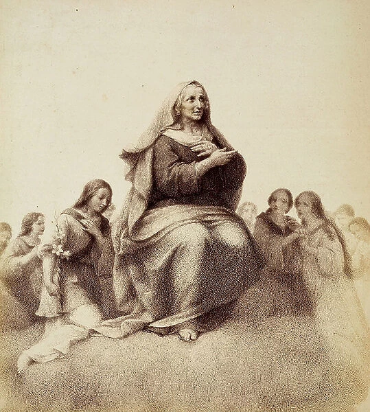 Saint Ann contentedly contemplates her daughter. Illustration of Canto XXXII in Paradiso of The Divine Comedy by Dante Alighieri. Work of Francesco Scaramuzza dedicated to the Municipality of Florence