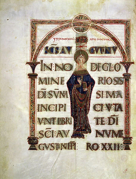 Saint Augustine, from 'De Civitate Dei' by Saint Augustine of Hippo (354-430) (Ms. Plut. 12.21, c. 1v), 10th century (miniature)