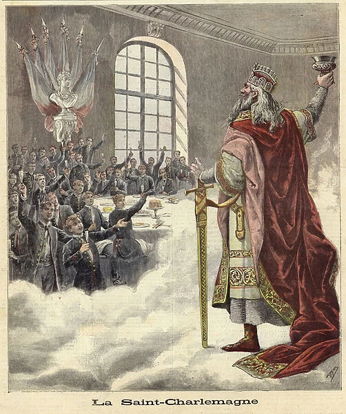 Saint Charlemagne raising a chalice to seated diners (coloured engraving)