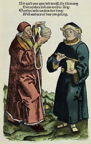 Saint Cosimo (Como or Cosimo) and Saint Damian, martyr brothers born in the 3rd century in Arabia. They are protectors of pharmacists and doctors. Colorful engraving by Johannes Wechtlin, 1540