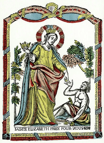 Saint Elizabeth with a beggar, 18th century (Epinal print)