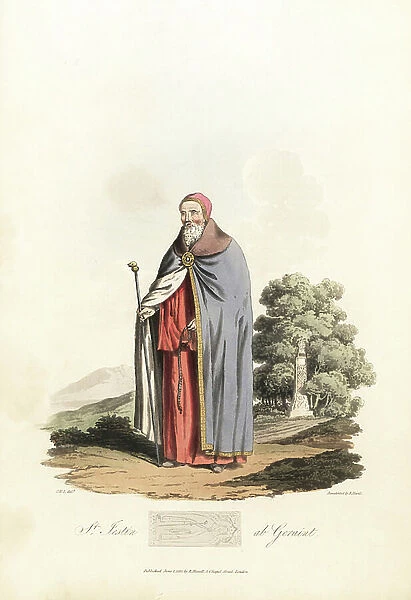 Saint Gestin (Yestin, Istan or Jestin) son of Geraint, (6th century), Welsh monk at Anglesey (Wales) - Forte water by Robert Havell (1793-1878) from an illustration by Charles Hamilton Smith (1776-1859), from Samuel Meyrick (1783-1848), 1821 - St