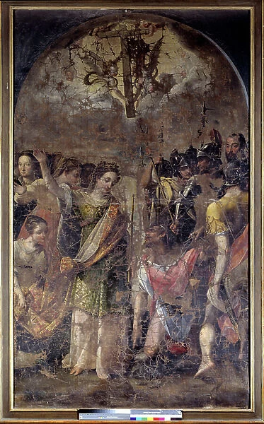 Saint Helene (248-328) and the Cross. Saint Helene, the mother of the Roman Emperor Constantine I (272-337) discovered the Holy Cross in Palestine (legend of the True Cross). Painting by Lorenzo Costa (1460-1535)