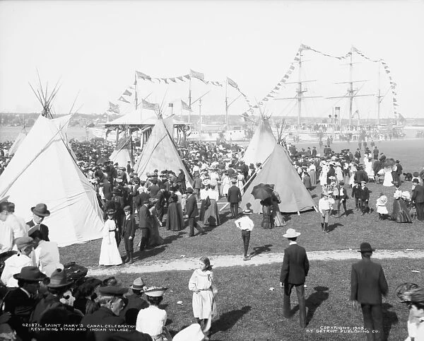 Saint Marys Canal celebration, reviewing stand and Indian village, c