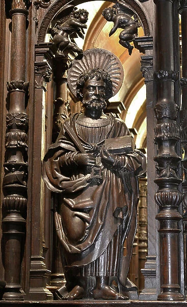 Saint Peter - Jube carved wood stalls (1535) of the cathedrale Notre Dame (1525-1535) of Saint Bertrand de Comminges (Haute Garonne, Midi Pyrenees)