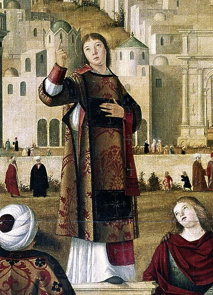 Saint Stephen. Detail from The Preaching of Saint Stephen in Jerusalem'. Painting by Vittore Carpaccio. (1450 / 54-1525 / 26)