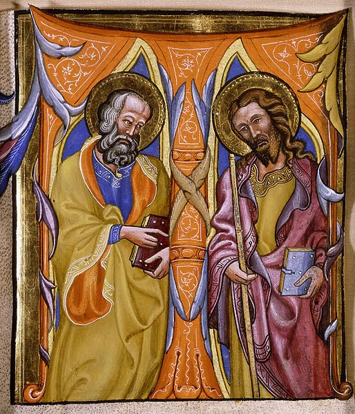 Saints Philip and James, c. 1400 (large historiated initial on antiphonal vellum)