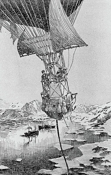 (Salomon) August Andree (1854-1897) Swedish engineer, and his team setting out on the fatal balloon expedition to the North Pole, 11 July 1897. Andree's body was found in 1930. Engraving