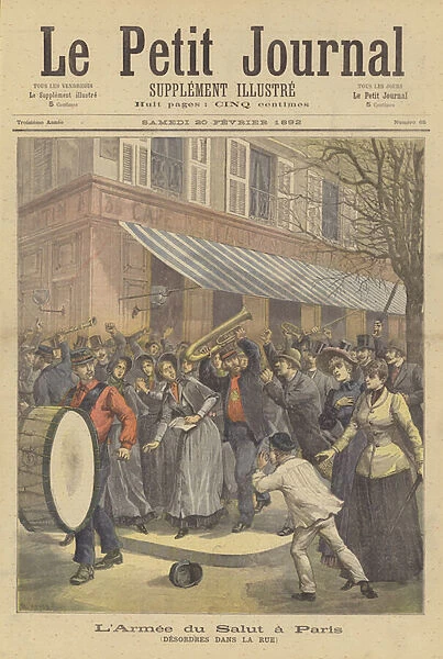 A Salvation Army band being receiving abuse on a Paris street (colour litho)