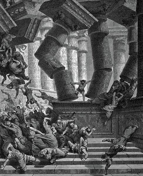 Samson, Israelite hero, betrayed by Delilah, taken prisoner and blinded by Phillistines, 1866 (engraving)