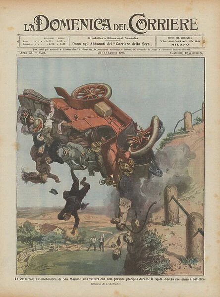 The San Marino car catastrophe, a car with eight people crashes during... (colour litho)